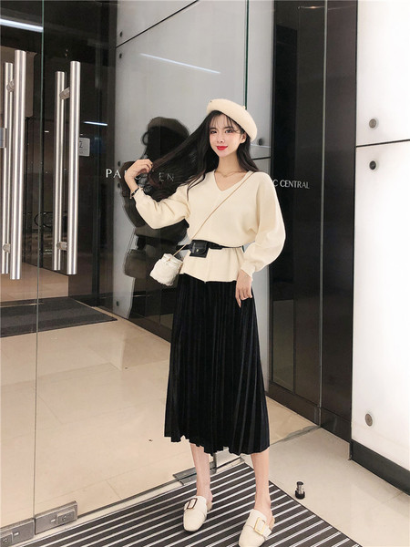 Set de pulover, fusta si curea dama in doua culori