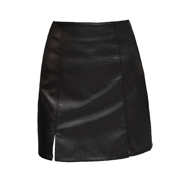 Fusta de dama moderna din piele ecologica cu fanta in verde si negru