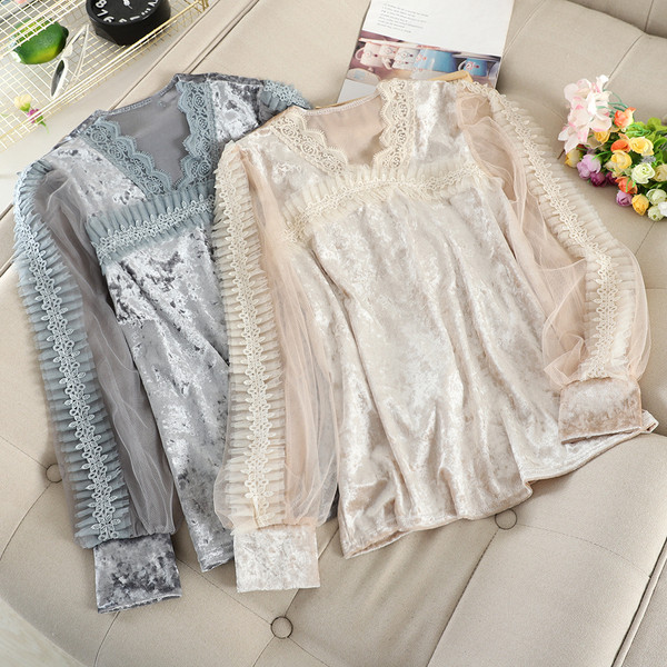 Bluza de dama eleganta din catifea si dantela in mai multe culori