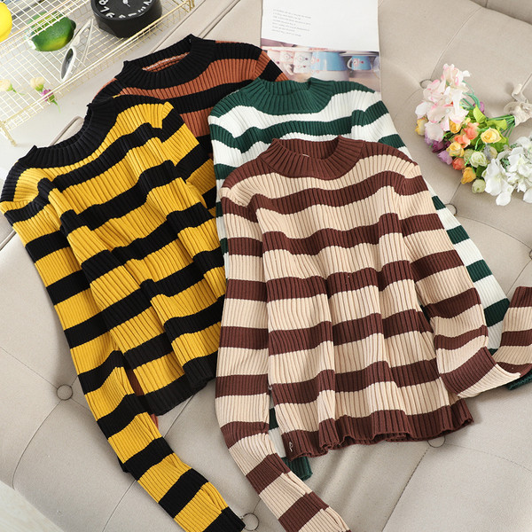 Pulover de dama modern in dungi cu decolteu rotund in mai multe culori