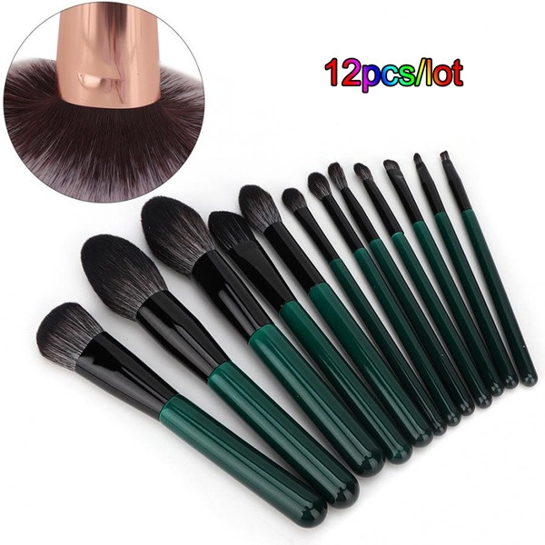Set of 12 soft makeup brushes in green color