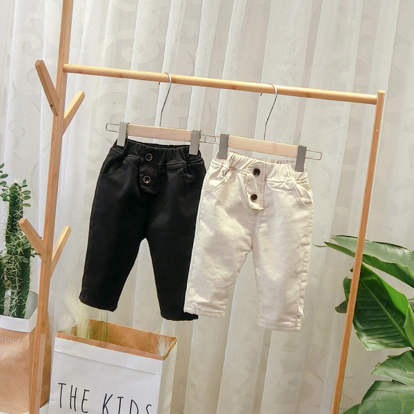 Pantaloni moderni pentru copii cu nasturi pentru baieti in negru si bej