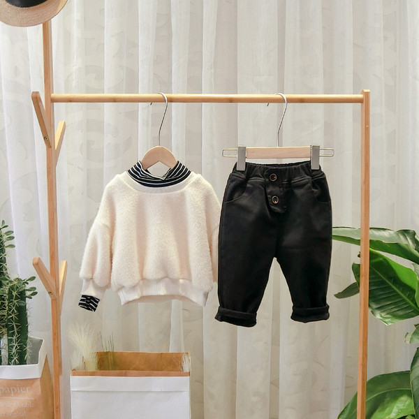 Pantaloni moderni pentru copii cu nasturi pentru baieti in negru si bej