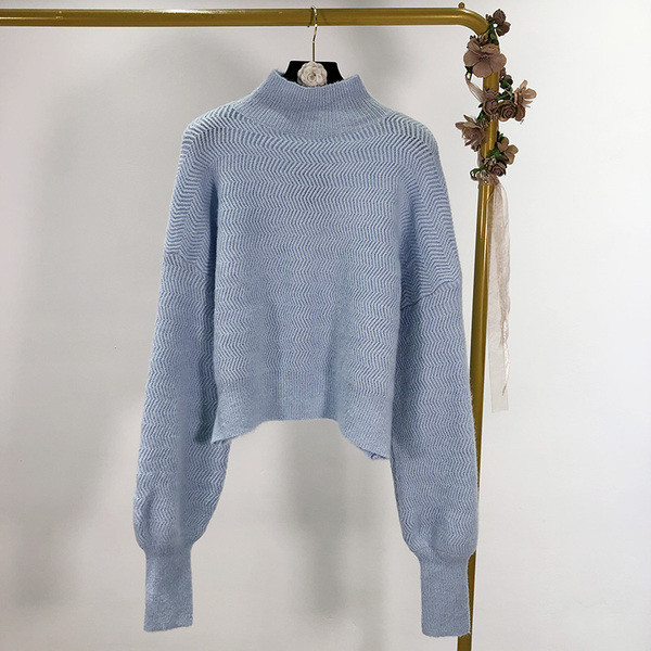 Pulover scurt cu guler polo și mâneci lungi în alb și albastru