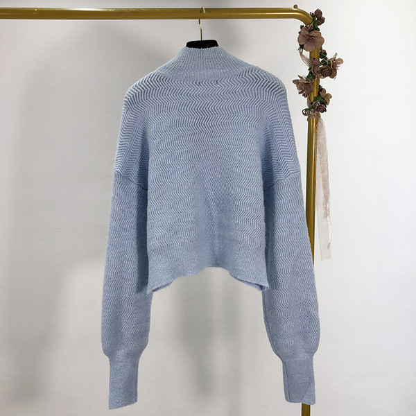 Pulover scurt cu guler polo și mâneci lungi în alb și albastru