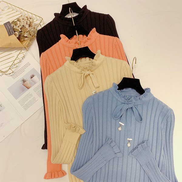 Pulover de dama cu cravate si guler polo in patru culori