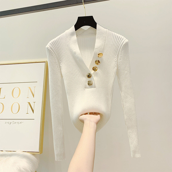 Pulover de dama cu decolteu spitz si nasturi in mai multe culori