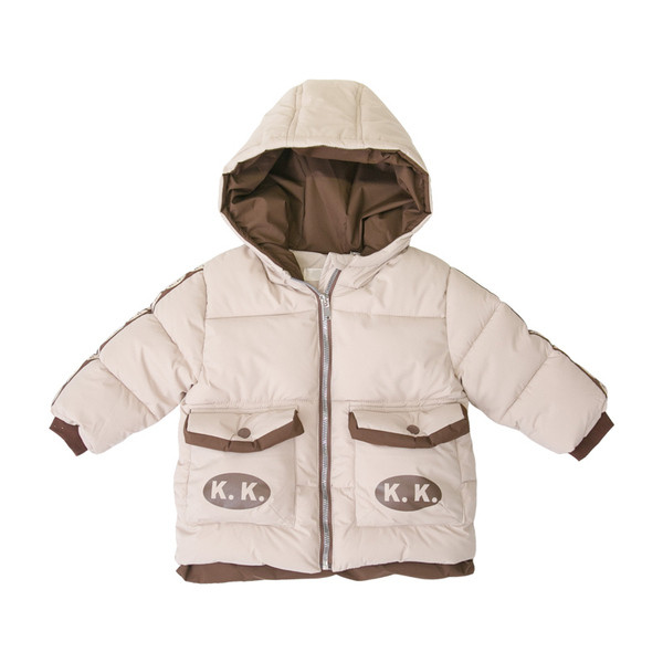 Geaca de iarna pentru baieti pentru copii cu gluga si aplicatie in albastru si bej