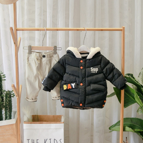 Geaca de iarna moderna pentru copii pentru baieti cu gluga in galben si negru