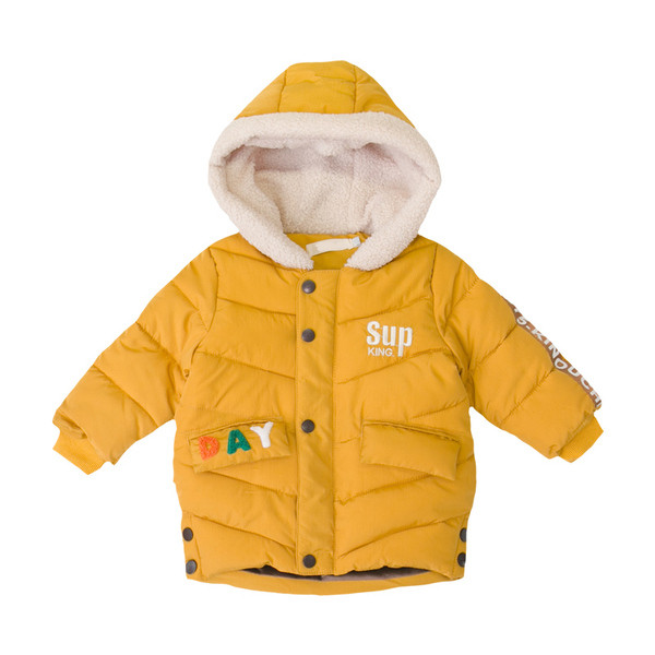 Geaca de iarna moderna pentru copii pentru baieti cu gluga in galben si negru