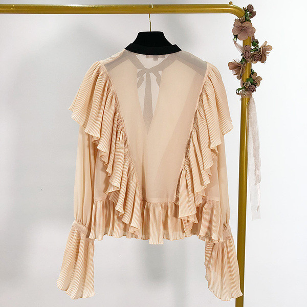 Bluză de damă modernă cu decolteu spitz cu panglică și bucle