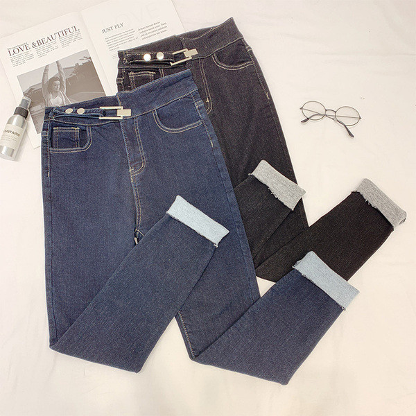 Blugi de dama in negru si albastru - talie inalta