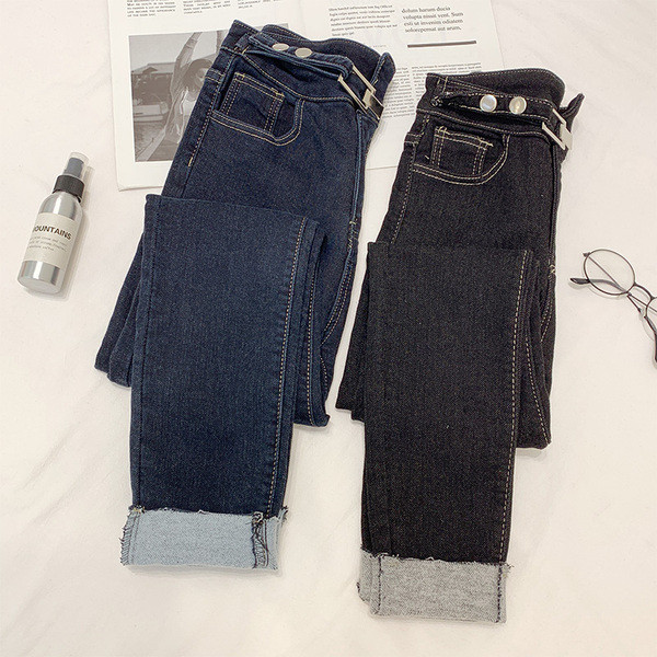 Blugi de dama in negru si albastru - talie inalta