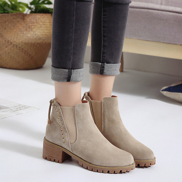 Cizme de dama din piele intoarsa cu toc gros in negru si bej