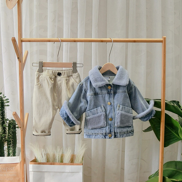 Model nou de geaca de blugi pentru copii cu captuseala calda pentru baieti de culoare albastra