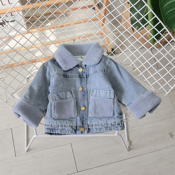Model nou de geaca de blugi pentru copii cu captuseala calda pentru baieti de culoare albastra