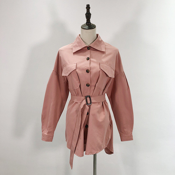 Cămașă lungă de damă, roz, cu curea și buzunare