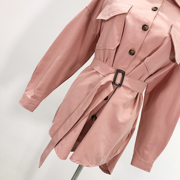 Cămașă lungă de damă, roz, cu curea și buzunare