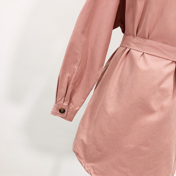 Cămașă lungă de damă, roz, cu curea și buzunare