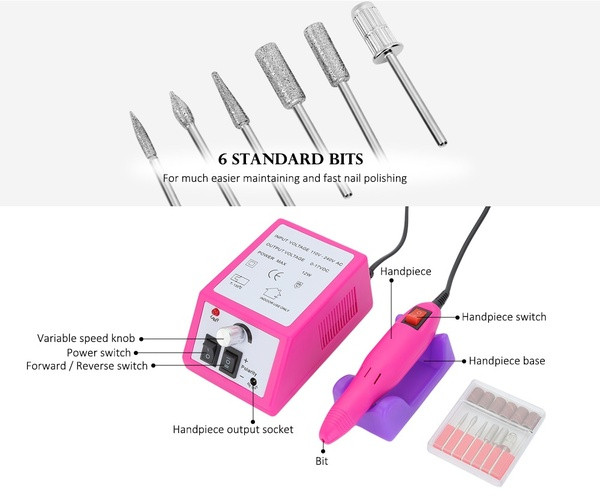 Електрическа пила за маникюр и педикюр с шест приставки в сив, розов, бял и лилав цвят 