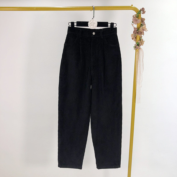 Pantaloni de dama din catifea negru cu talie inalta model lat