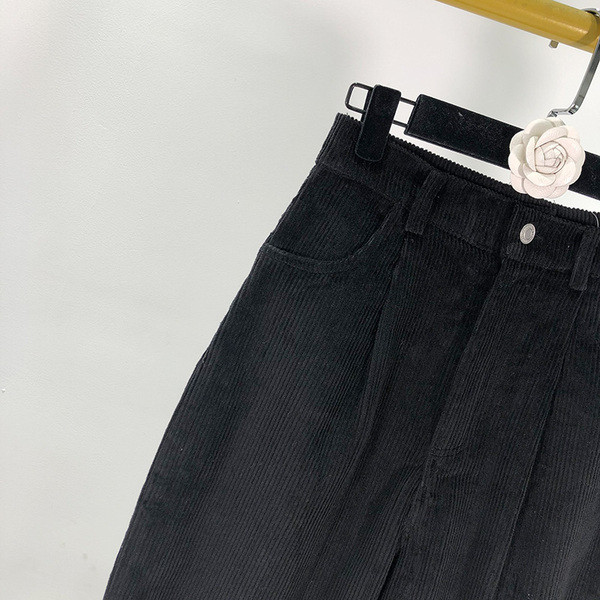 Pantaloni de dama din catifea negru cu talie inalta model lat