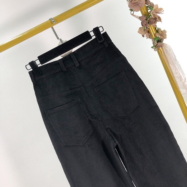 Pantaloni de dama din catifea negru cu talie inalta model lat