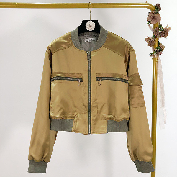 Geaca scurta de dama primavara-toamna de culoare maro cu fermoare