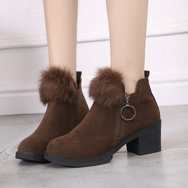 Cizme de iarna dama cu puf si toc gros din piele intoarsa ecologica