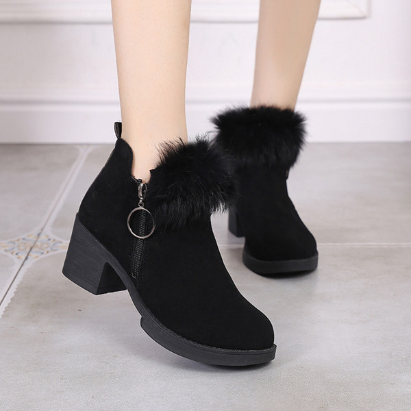 Cizme de iarna dama cu puf si toc gros din piele intoarsa ecologica
