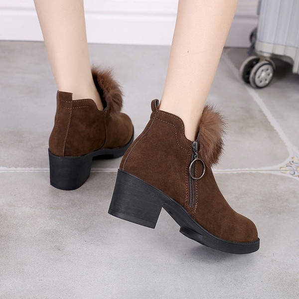 Cizme de iarna dama cu puf si toc gros din piele intoarsa ecologica