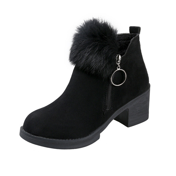 Cizme de iarna dama cu puf si toc gros din piele intoarsa ecologica