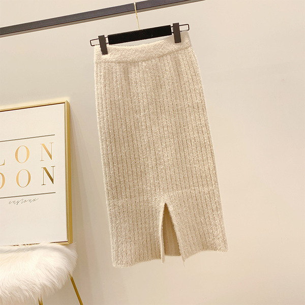 Fusta de iarna de dama cu talie inalta si crapatura in negru si bej