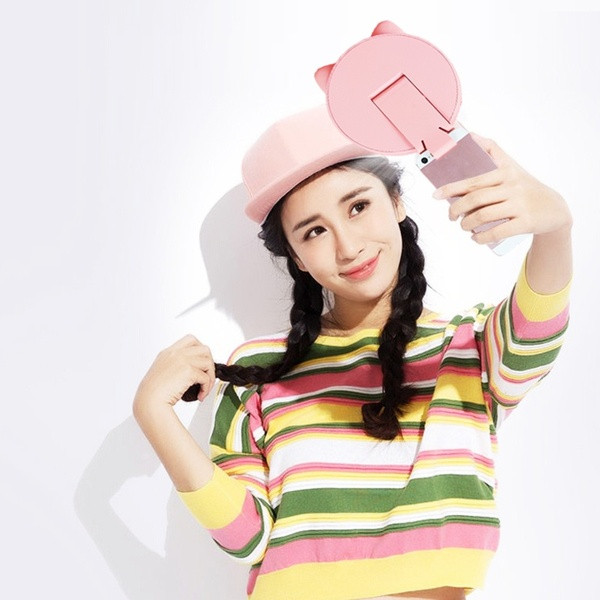 Καλλυντικά καθρέφτης με φως LED και βάση τηλεφώνου σε ροζ χρώμα