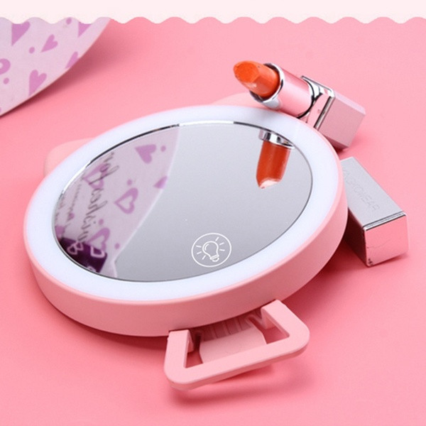 Καλλυντικά καθρέφτης με φως LED και βάση τηλεφώνου σε ροζ χρώμα
