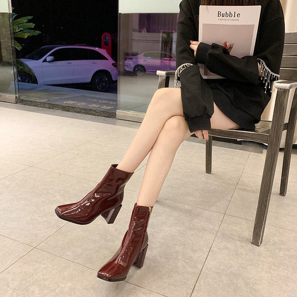 Cizme de dama elegante cu toc gros in negru si visiniu