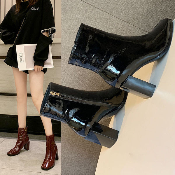 Cizme de dama elegante cu toc gros in negru si visiniu