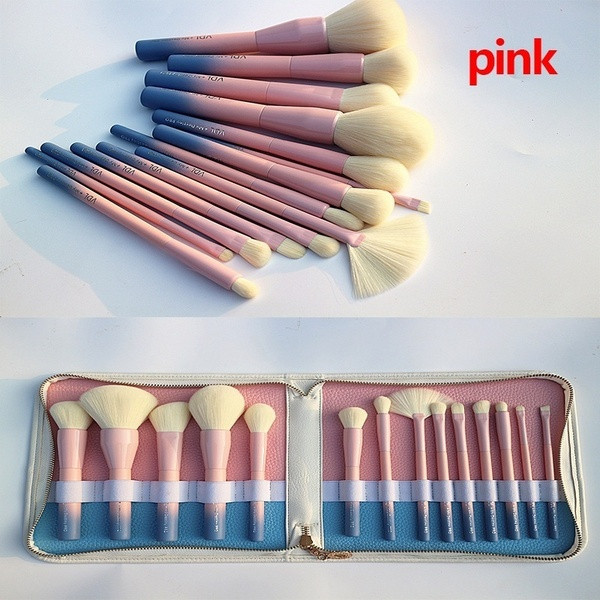 14 cosmetic brushes with storage bag in yellow and pink