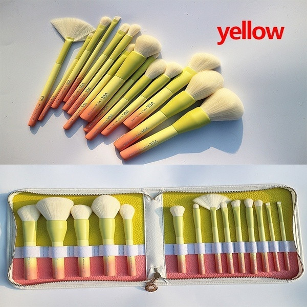 14 τεμάχια καλλυντικών βούρτσες με τσάντα αποθήκευσης σε κίτρινο και ροζ χρώμα