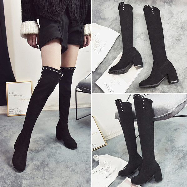 Cizme de dama elegante cu toc gros si pietre in negru