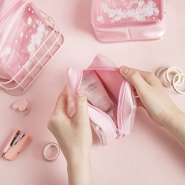 Rózsaszín kozmetikai vízálló sminktáska flitterekkel