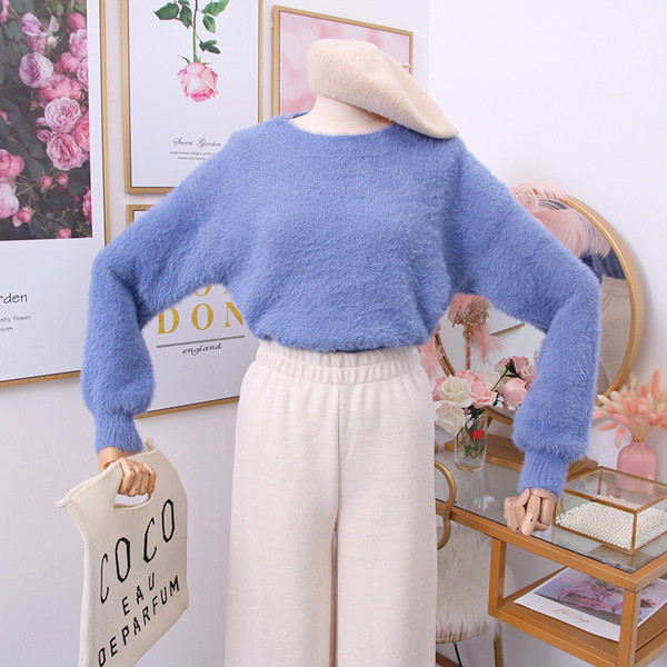 Pulover casual de dama cu decolteu rotund in alb, albastru, bej, roz si galben