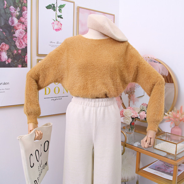 Pulover casual de dama cu decolteu rotund in alb, albastru, bej, roz si galben