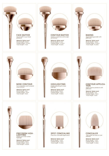 Луксозен комплект от 9 четки за лице в златист цвят