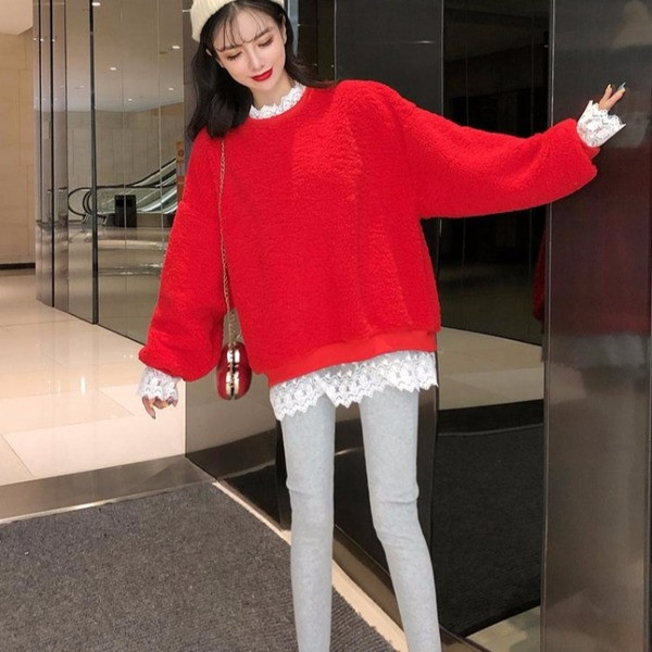 Bluză de damă cu puf lat cu dantelă în roșu și galben