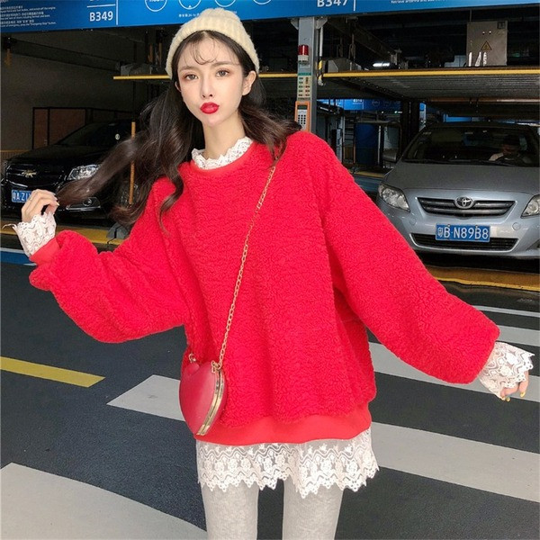 Bluză de damă cu puf lat cu dantelă în roșu și galben