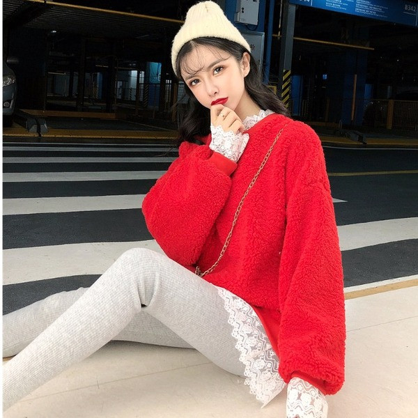 Bluză de damă cu puf lat cu dantelă în roșu și galben