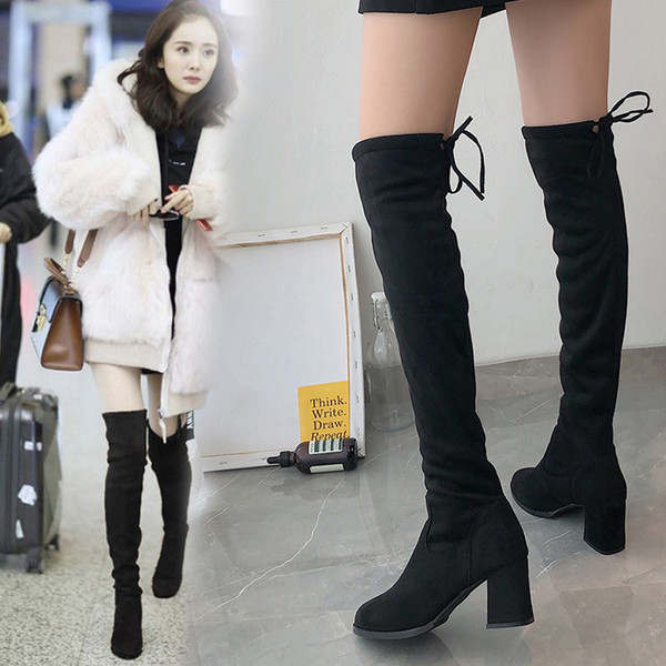 Cizme de damă elegante de piele intoarsa cu toc gros, de culoare neagra