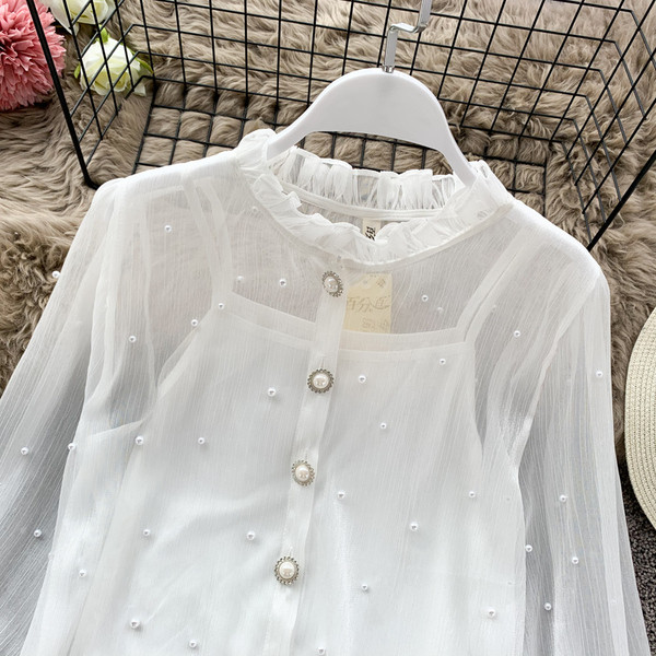 Cămașă de damă cu perle în alb și negru