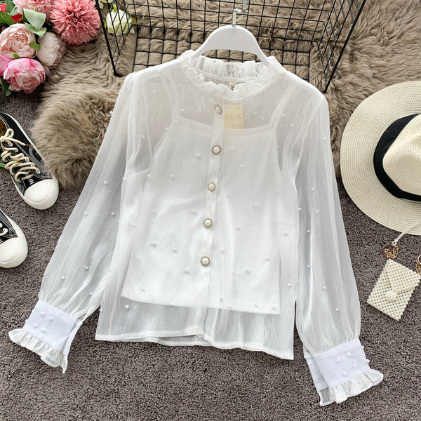 Cămașă de damă cu perle în alb și negru